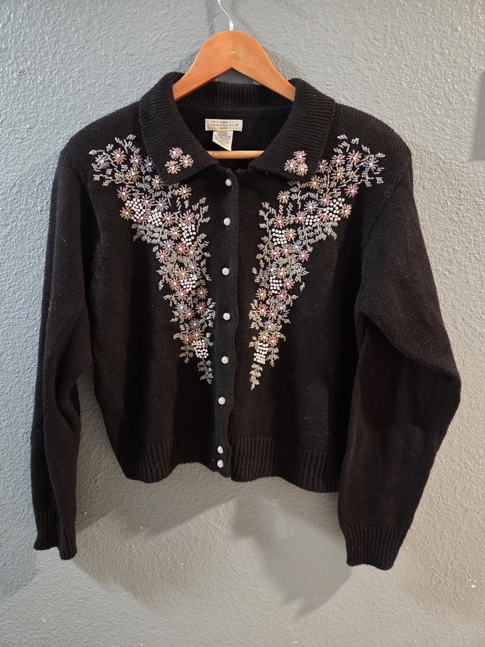 Yarkworks Brand Black Floral Embroidered Button-Front Sweater